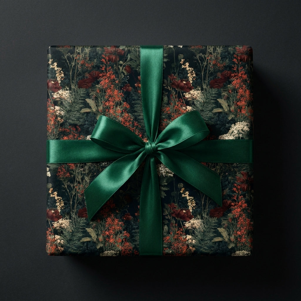 Moody floral wrapping paper with a forest green satin bow on a luxury gift box by Wrapped Studios.