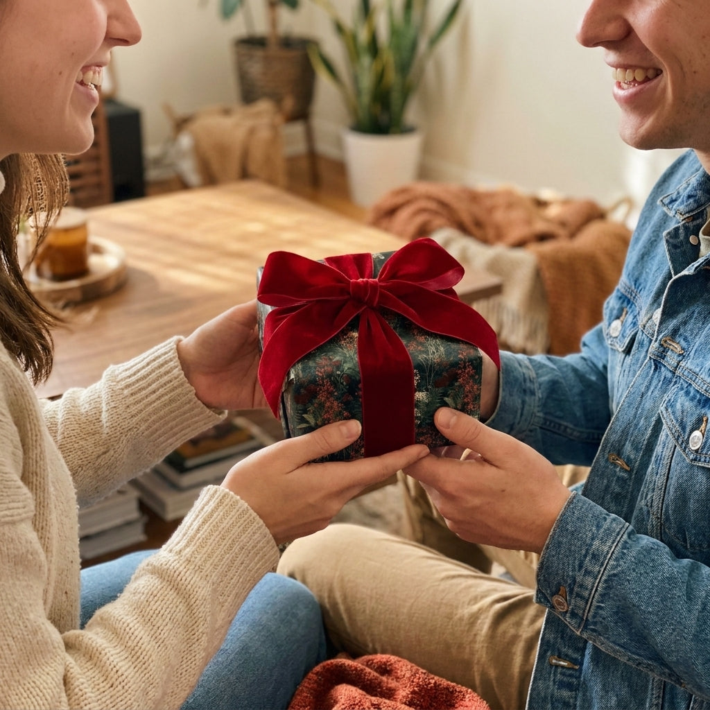 Couple exchanging a Christmas gift in luxury holiday wrapping paper with a red velvet bow, Wrapped Studios.