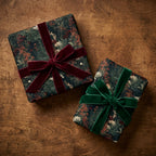 Vintage floral Christmas wrapping paper with luxury velvet bows by Wrapped Studios.