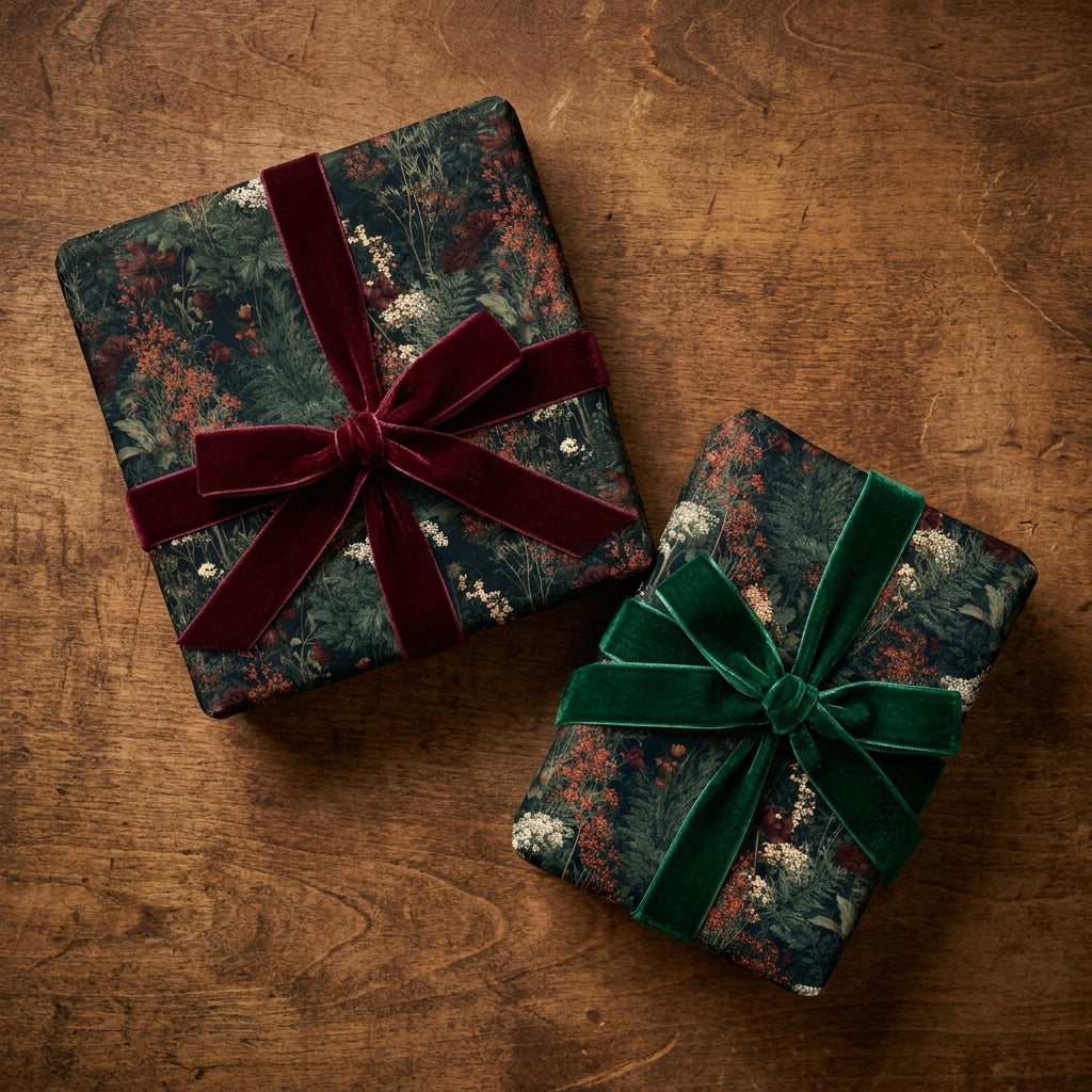 Vintage floral Christmas wrapping paper with luxury velvet bows by Wrapped Studios.