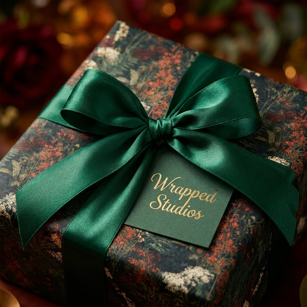 Luxury dark floral wrapping paper with emerald green satin bow and Wrapped Studios gift tag.