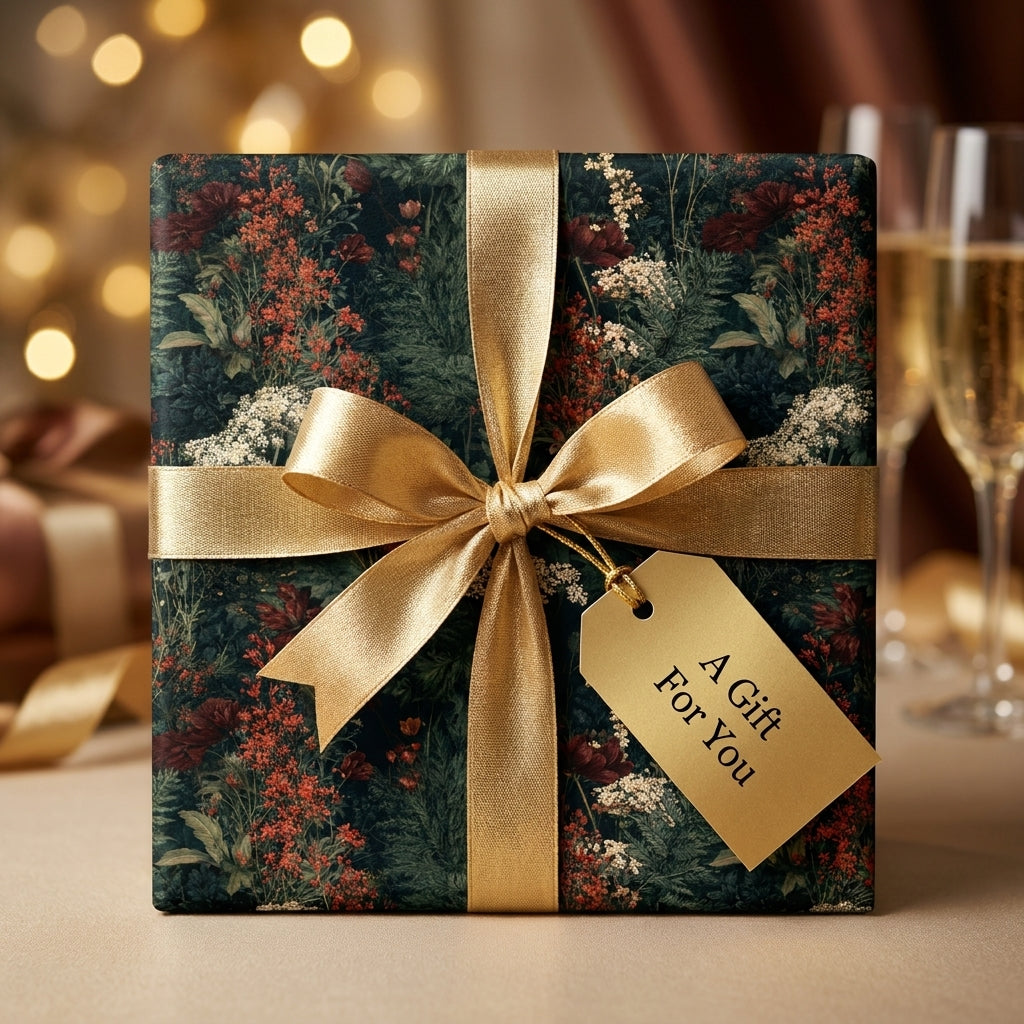 Luxury dark floral wrapping paper with gold ribbon by Wrapped Studios, perfect for elegant wedding or holiday gifts.