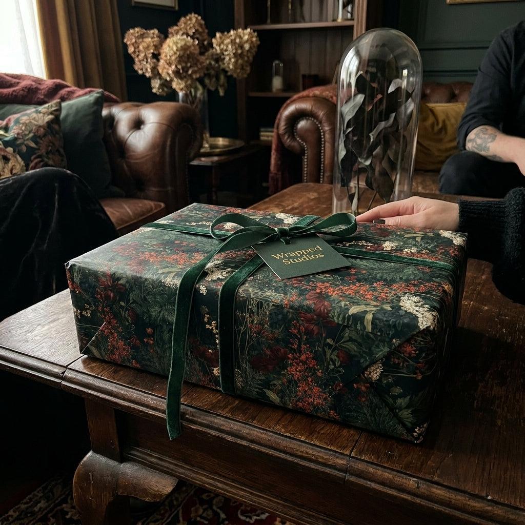 Moody floral wrapping paper with a green velvet ribbon on a luxury gift box by Wrapped Studios.