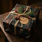 Vintage floral Christmas wrapping paper with rustic twine and pine sprig by Wrapped Studios.