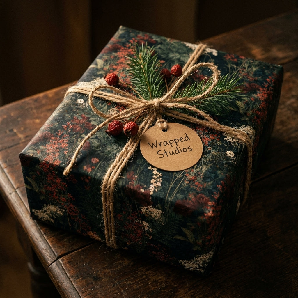 Vintage floral Christmas wrapping paper with rustic twine and pine sprig by Wrapped Studios.