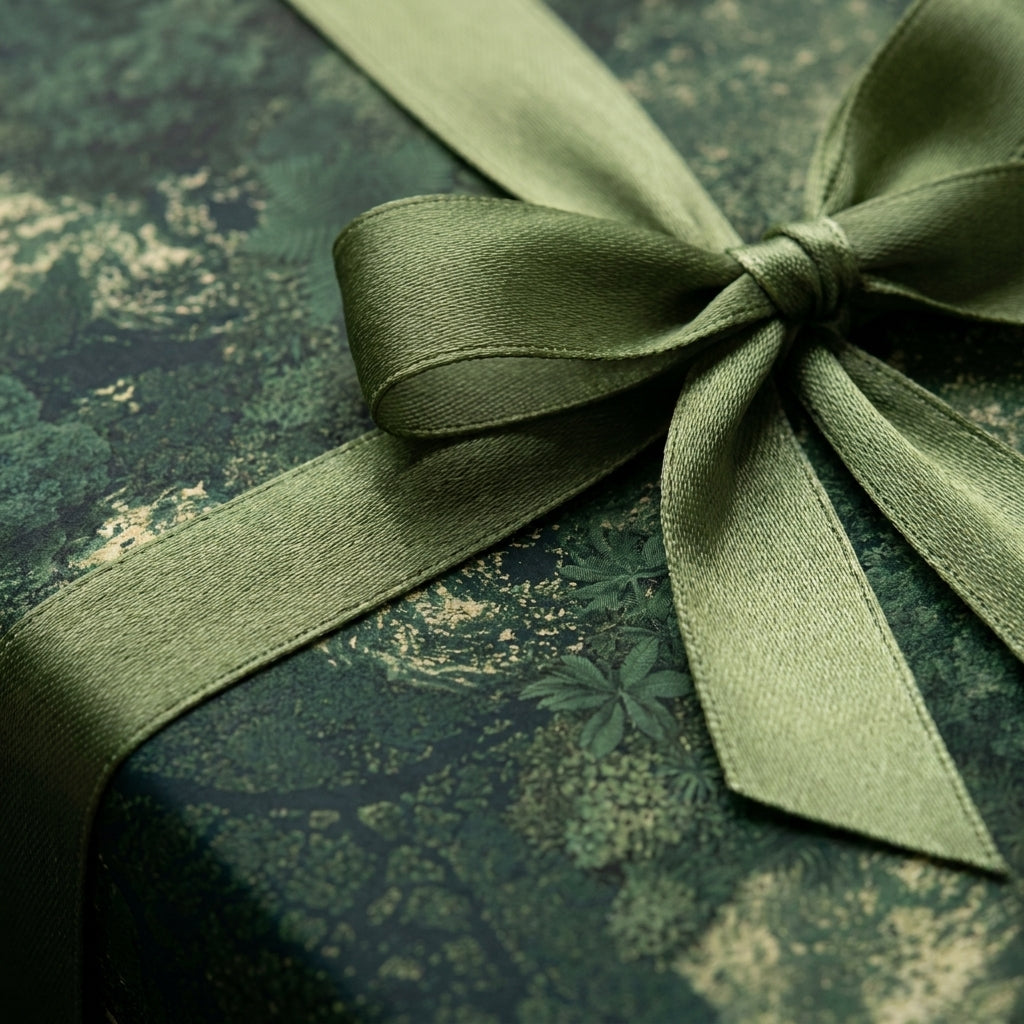Luxury forest green botanical wrapping paper with a satin ribbon bow by Wrapped Studios.
