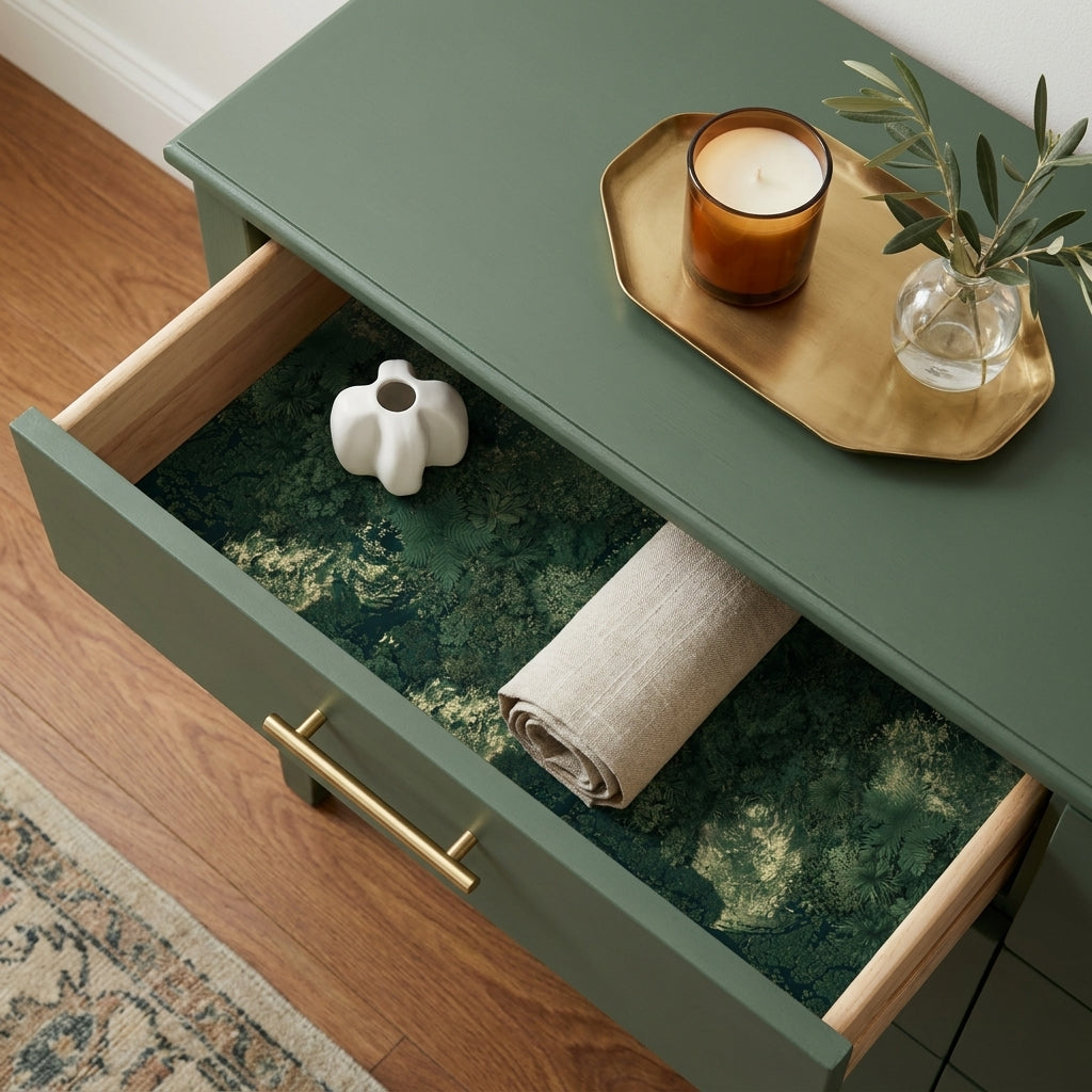 Luxury botanical wrapping paper used as a forest green drawer liner in a sage cabinet by Wrapped Studios.
