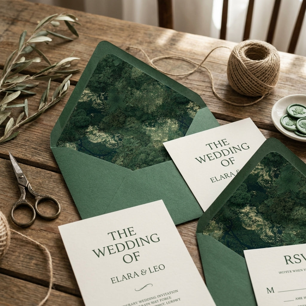 Elegant forest green wedding invitations with botanical envelope liners on a rustic wooden table by Wrapped Studios.