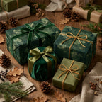 Luxury forest green and gold Christmas wrapping paper with velvet ribbons by Wrapped Studios.