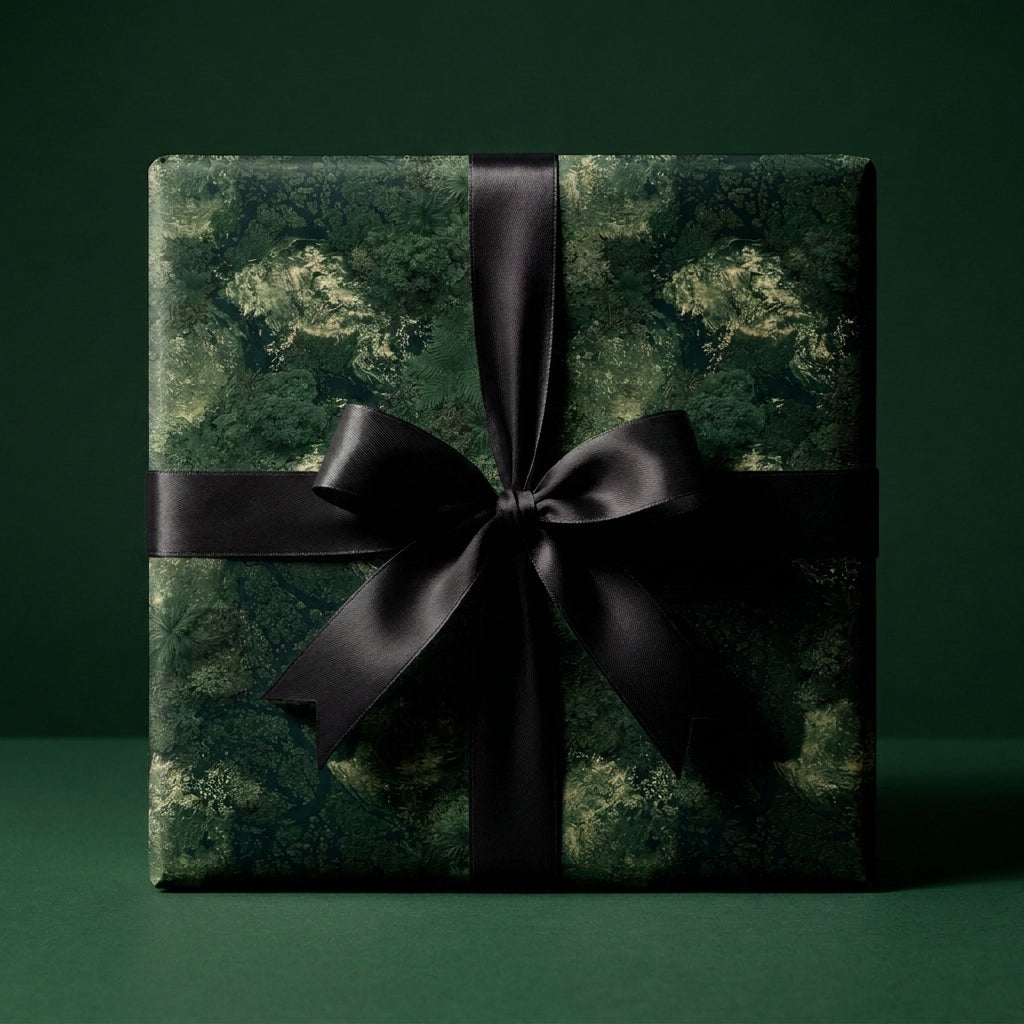 Luxury dark green forest wrapping paper with a black satin bow, elegant holiday gift wrap by Wrapped Studios.