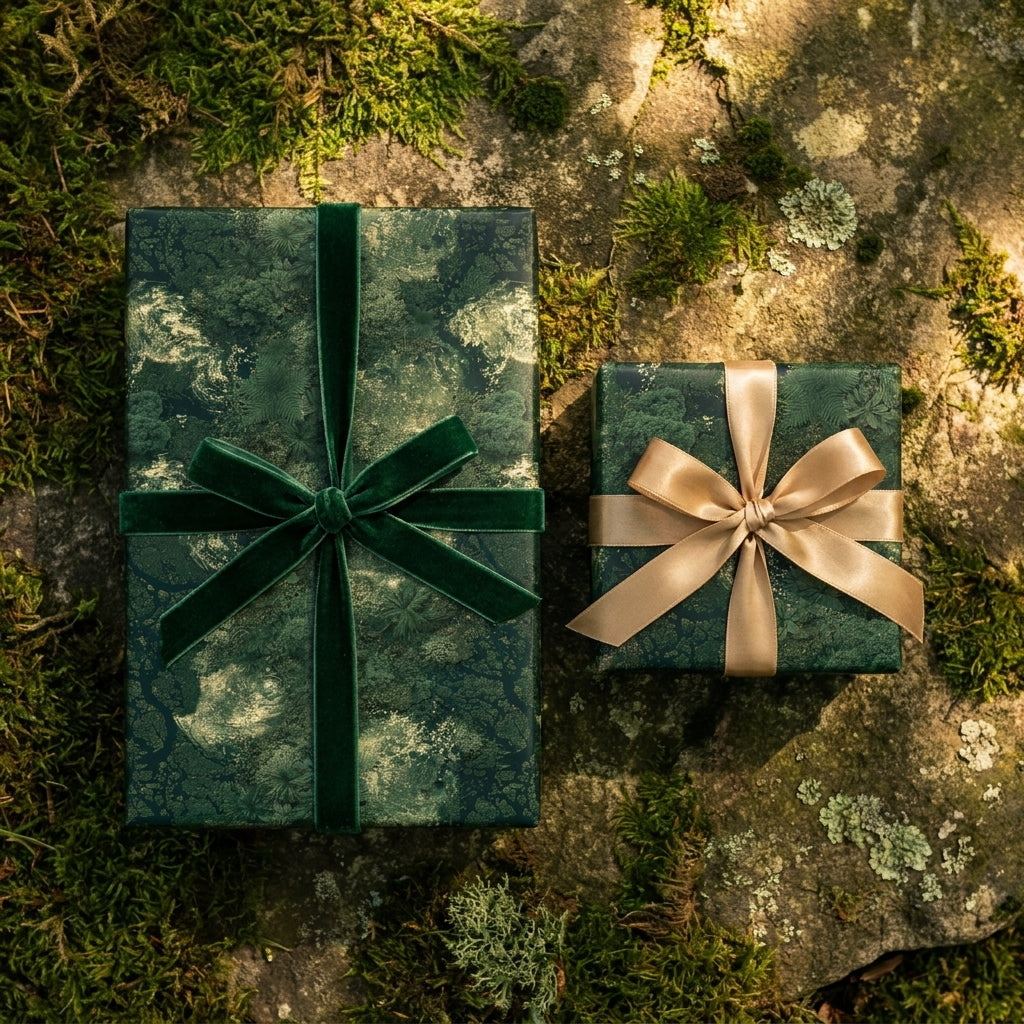 Luxury forest wrapping paper with green velvet and gold ribbons on mossy stone by Wrapped Studios.