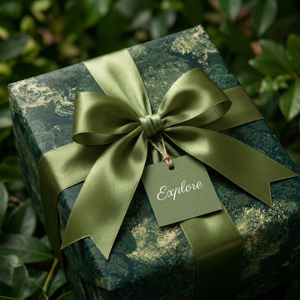 Luxury green and gold wrapping paper with an olive satin ribbon and gift tag, by Wrapped Studios.