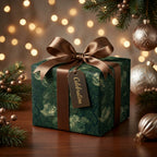 Elegant green and gold luxury Christmas gift wrap by Wrapped Studios, featuring a brown satin ribbon bow.