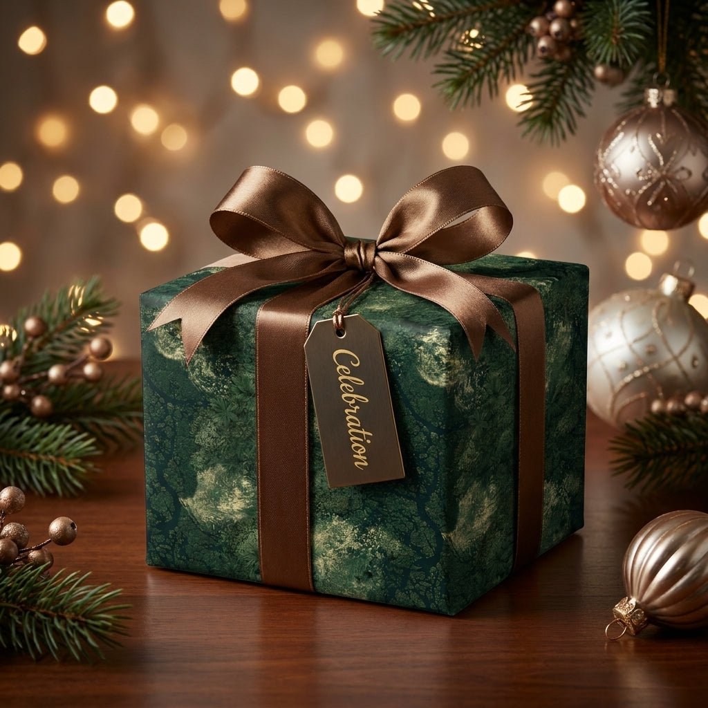 Elegant green and gold luxury Christmas gift wrap by Wrapped Studios, featuring a brown satin ribbon bow.