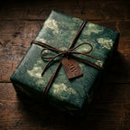Luxury forest green botanical wrapping paper with a leather cord bow on rustic wood. Wrapped Studios.