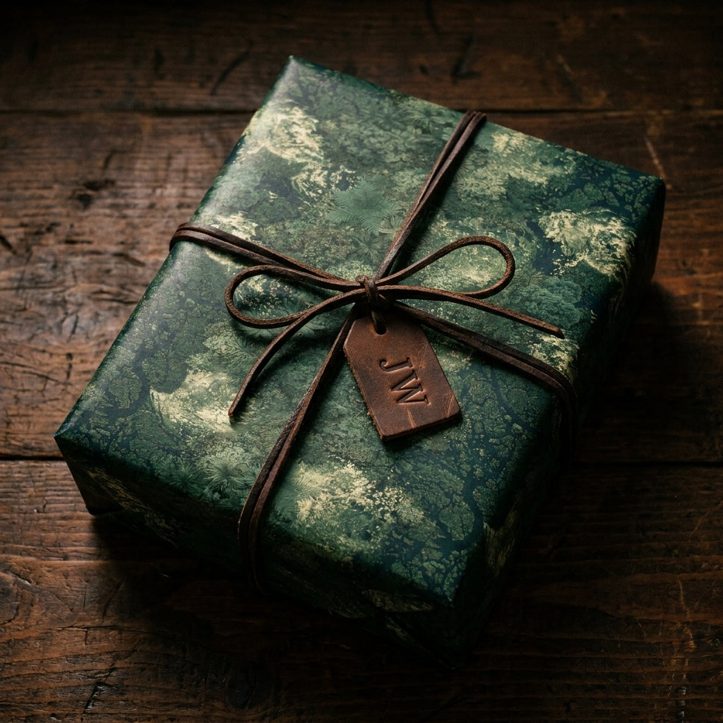 Luxury forest green botanical wrapping paper with a leather cord bow on rustic wood. Wrapped Studios.