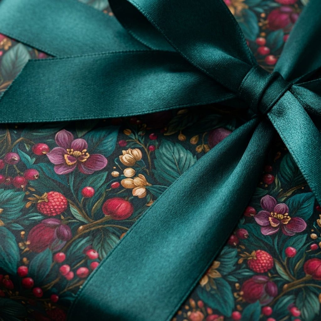 Elegant floral wrapping paper with dark emerald satin ribbon, luxury holiday gift wrap by Wrapped Studios.