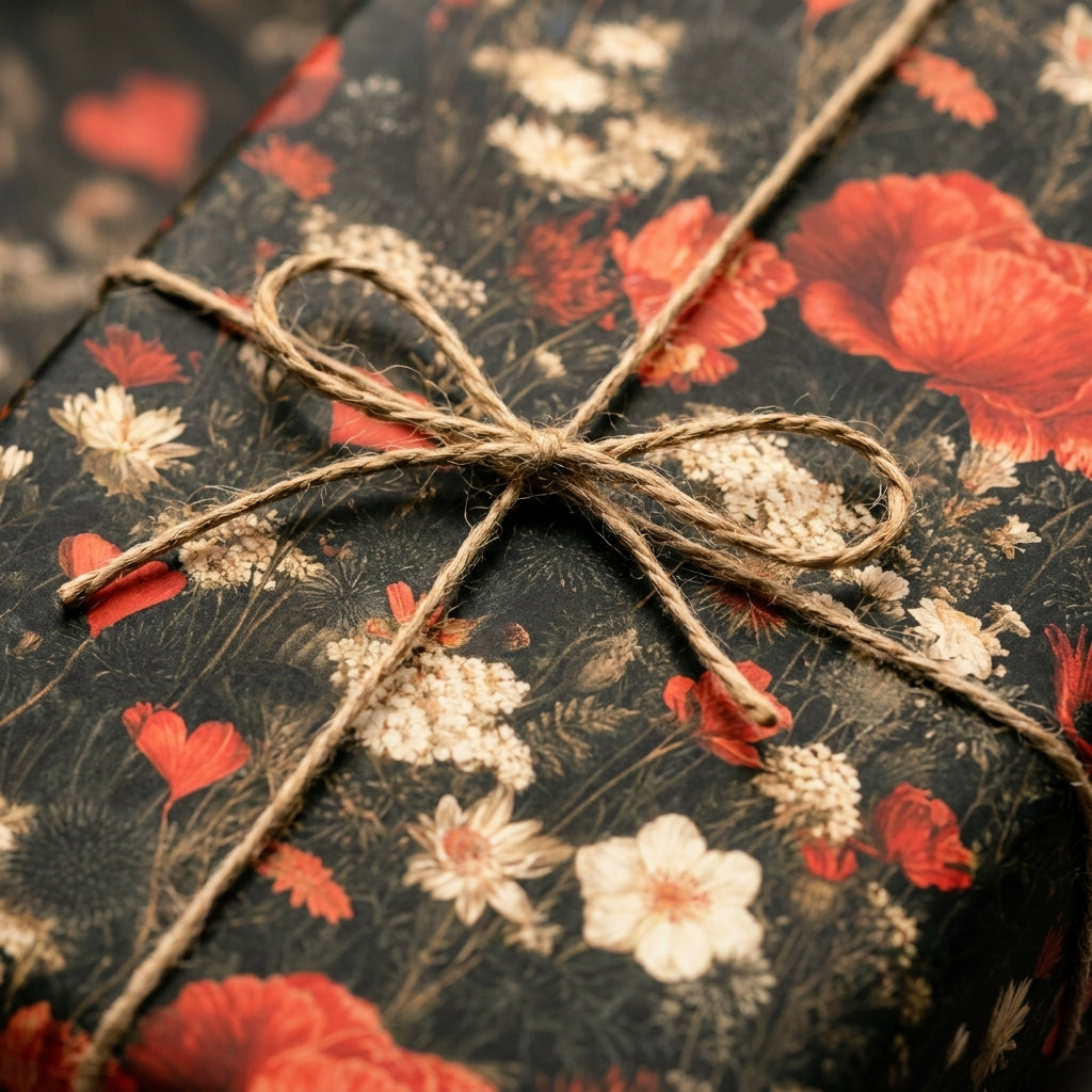 Dark botanical floral wrapping paper with red poppies and a rustic twine bow by Wrapped Studios.