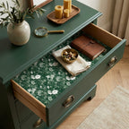 Vintage green floral wrapping paper by Wrapped Studios used as an elegant drawer liner.