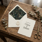 Vintage floral wrapping paper styled as a wedding envelope liner on a rustic table by Wrapped Studios.