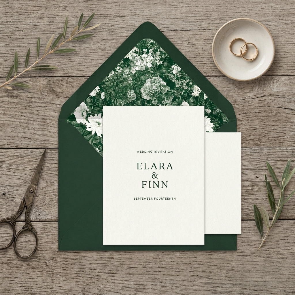 Forest green botanical wedding invitation suite with floral envelope liner by Wrapped Studios.
