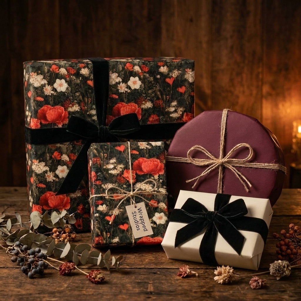 Luxury floral wrapping paper with red poppies and black velvet bows by Wrapped Studios.