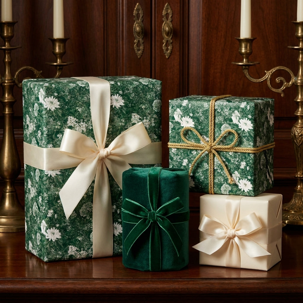 Vintage green floral wrapping paper and luxury holiday gift wrap with satin bows by Wrapped Studios.