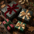 Vintage floral Christmas wrapping paper and velvet ribbons on gift boxes by Wrapped Studios.