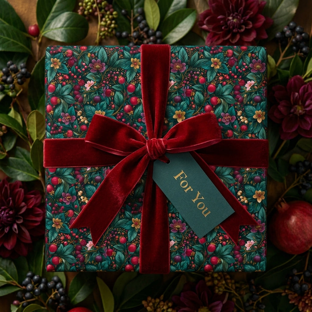 Luxury Christmas floral wrapping paper with red velvet bow and gift tag by Wrapped Studios.