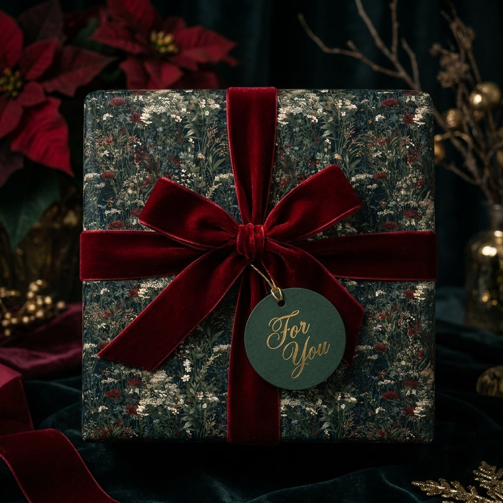 Vintage floral Christmas wrapping paper with a luxury red velvet bow on a gift box by Wrapped Studios.
