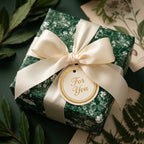 Luxury green floral wrapping paper with cream satin ribbon and a For You gift tag by Wrapped Studios.