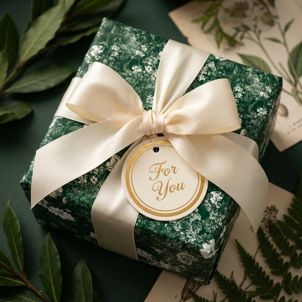 Luxury green floral wrapping paper with cream satin ribbon and a For You gift tag by Wrapped Studios.