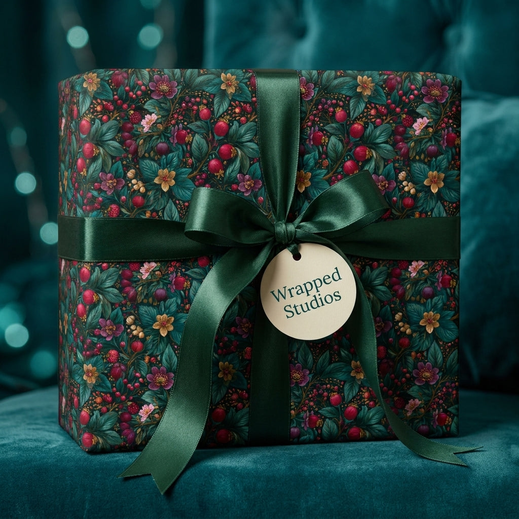 Luxury dark floral wrapping paper with emerald satin ribbon by Wrapped Studios.