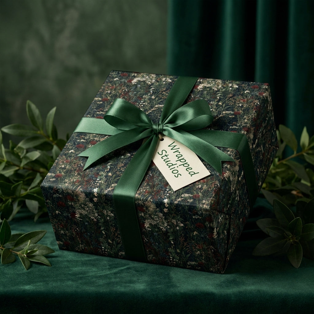Luxury dark botanical wrapping paper with a forest green ribbon and Wrapped Studios tag.