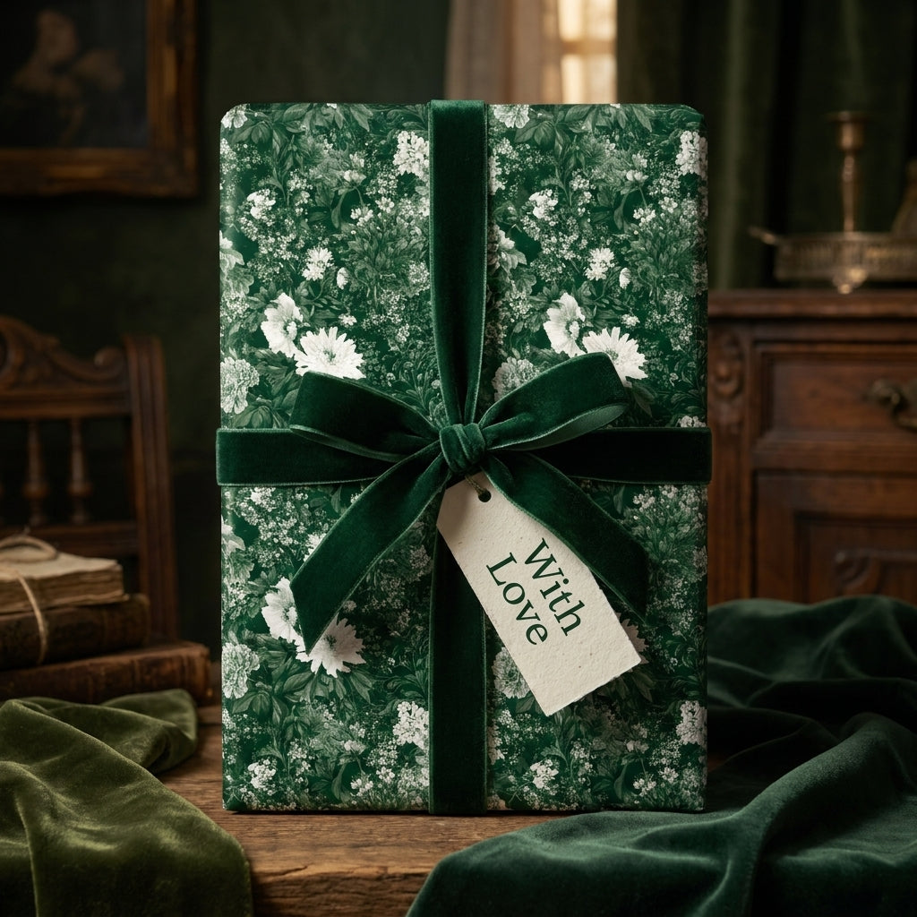 Vintage green floral wrapping paper with a velvet bow and "With Love" gift tag by Wrapped Studios.