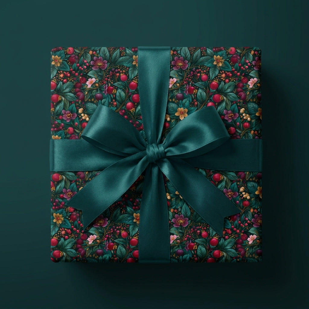 Luxury floral wrapping paper in dark botanical print with a teal satin bow by Wrapped Studios.
