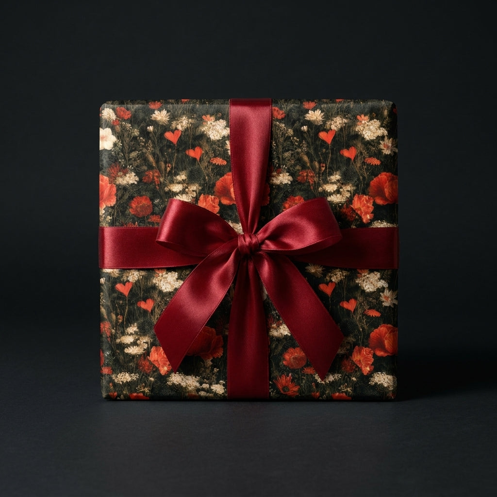 Luxury dark floral wrapping paper with red hearts and a satin bow on a gift box by Wrapped Studios.