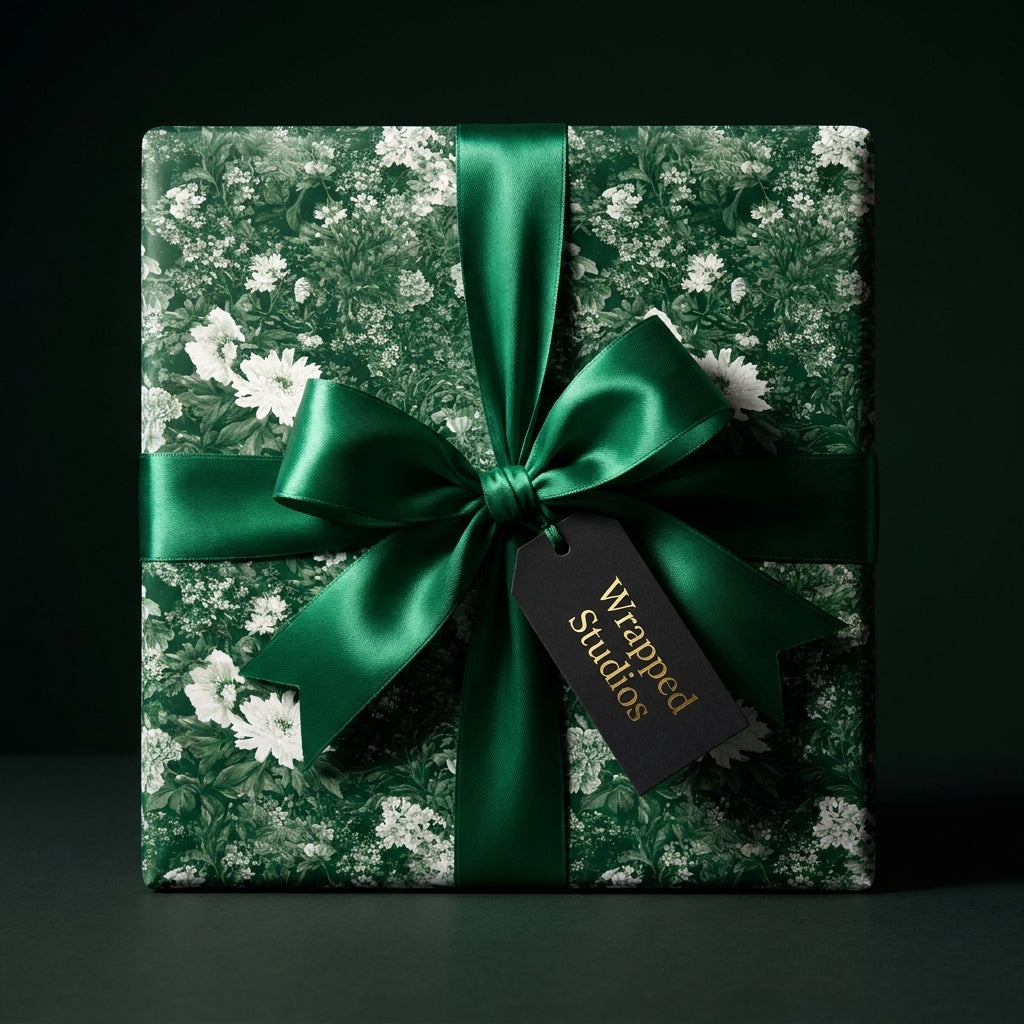 Luxury green floral wrapping paper by Wrapped Studios with an elegant emerald satin ribbon bow.