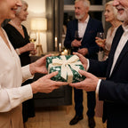 Luxury green floral wrapping paper with a cream bow on a gift exchanged at a party by Wrapped Studios.