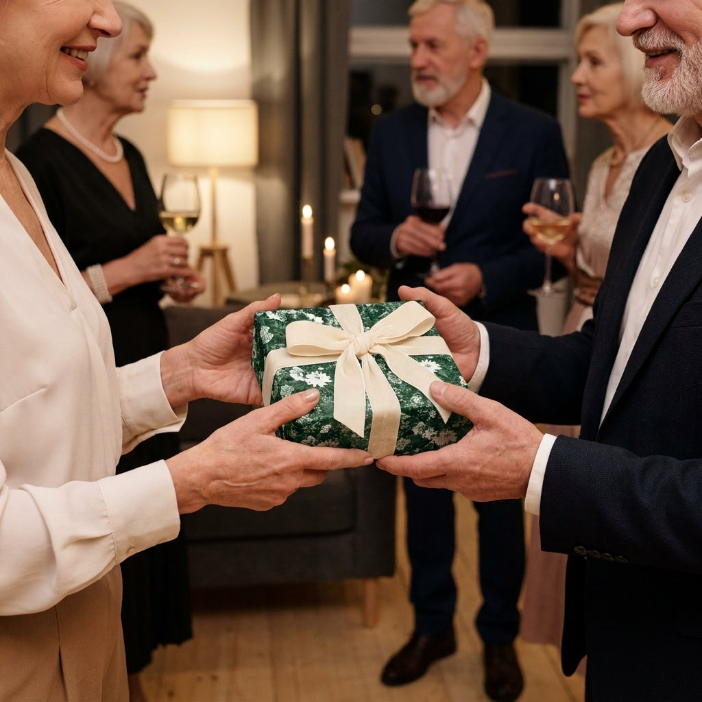 Luxury green floral wrapping paper with a cream bow on a gift exchanged at a party by Wrapped Studios.