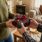 Hands exchanging a Christmas gift in luxury botanical wrapping paper with a red bow by Wrapped Studios.
