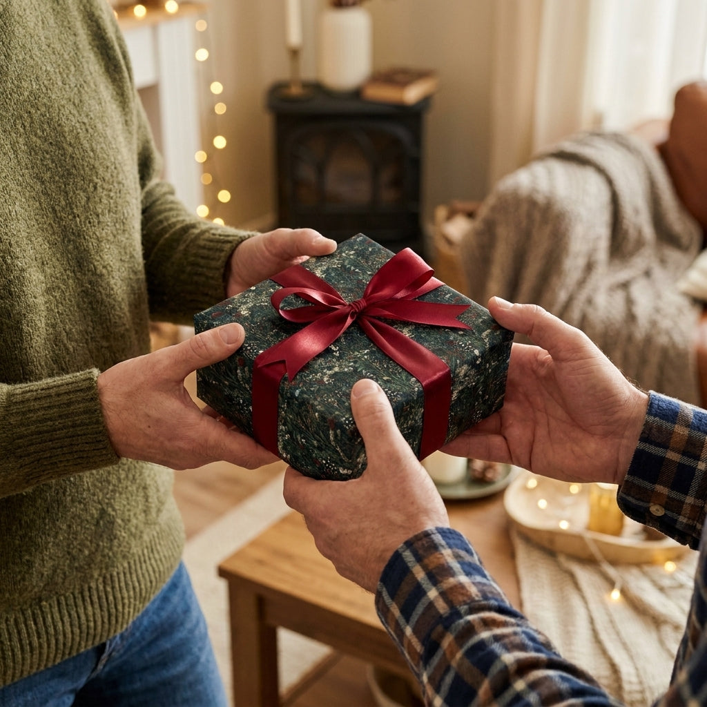 Hands exchanging a Christmas gift in luxury botanical wrapping paper with a red bow by Wrapped Studios.