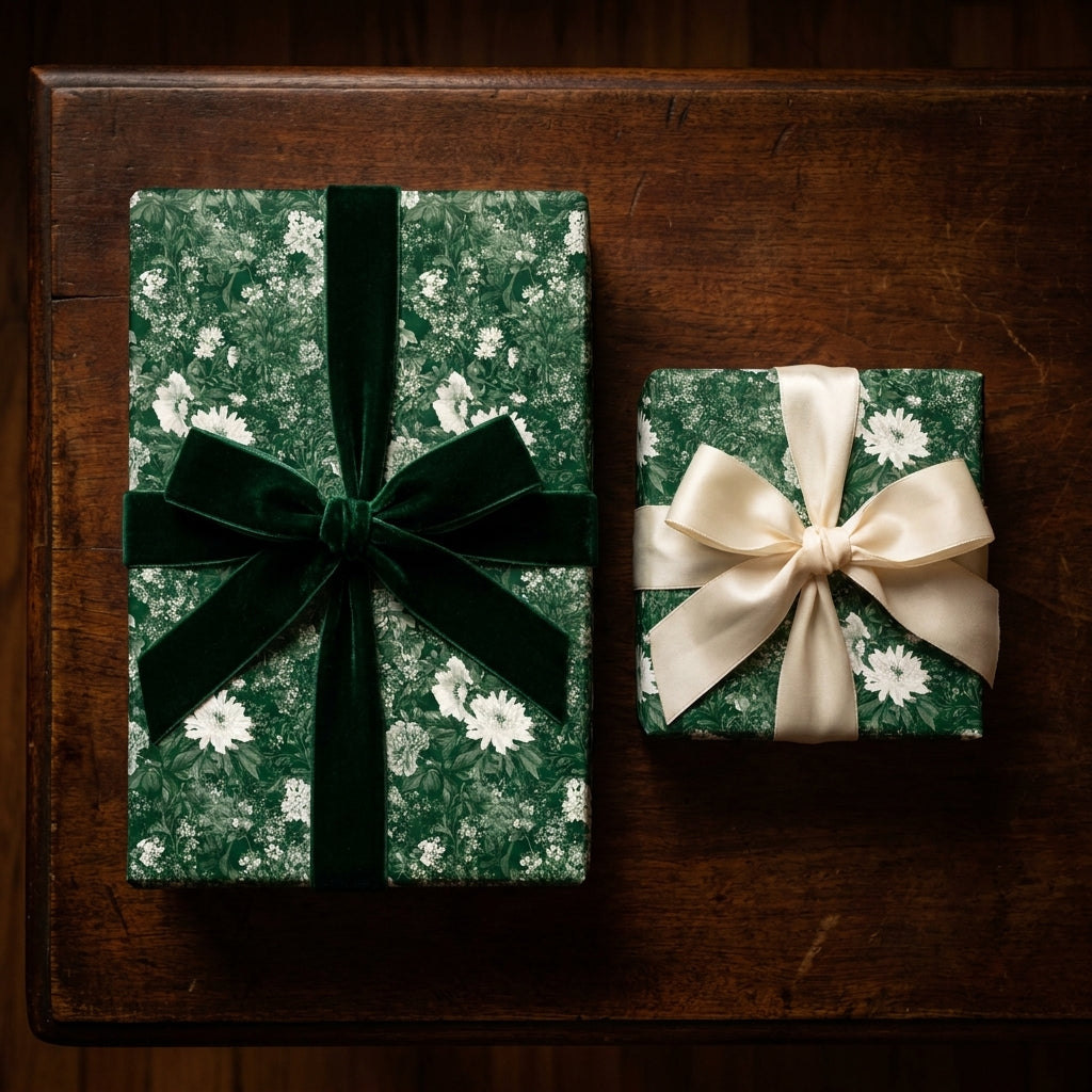 Luxury green floral wrapping paper with elegant velvet and satin bows by Wrapped Studios.