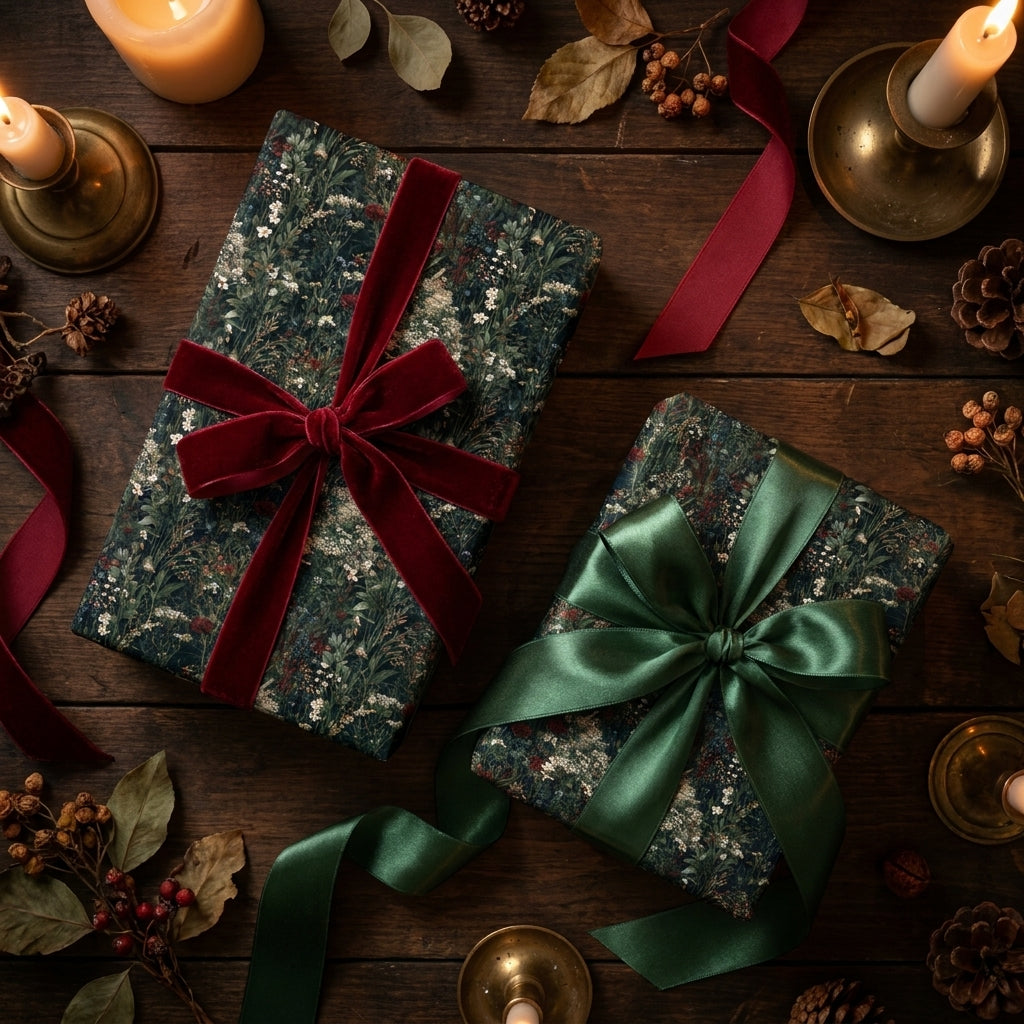 Dark green vintage botanical wrapping paper with velvet ribbons on Christmas gifts by Wrapped Studios.