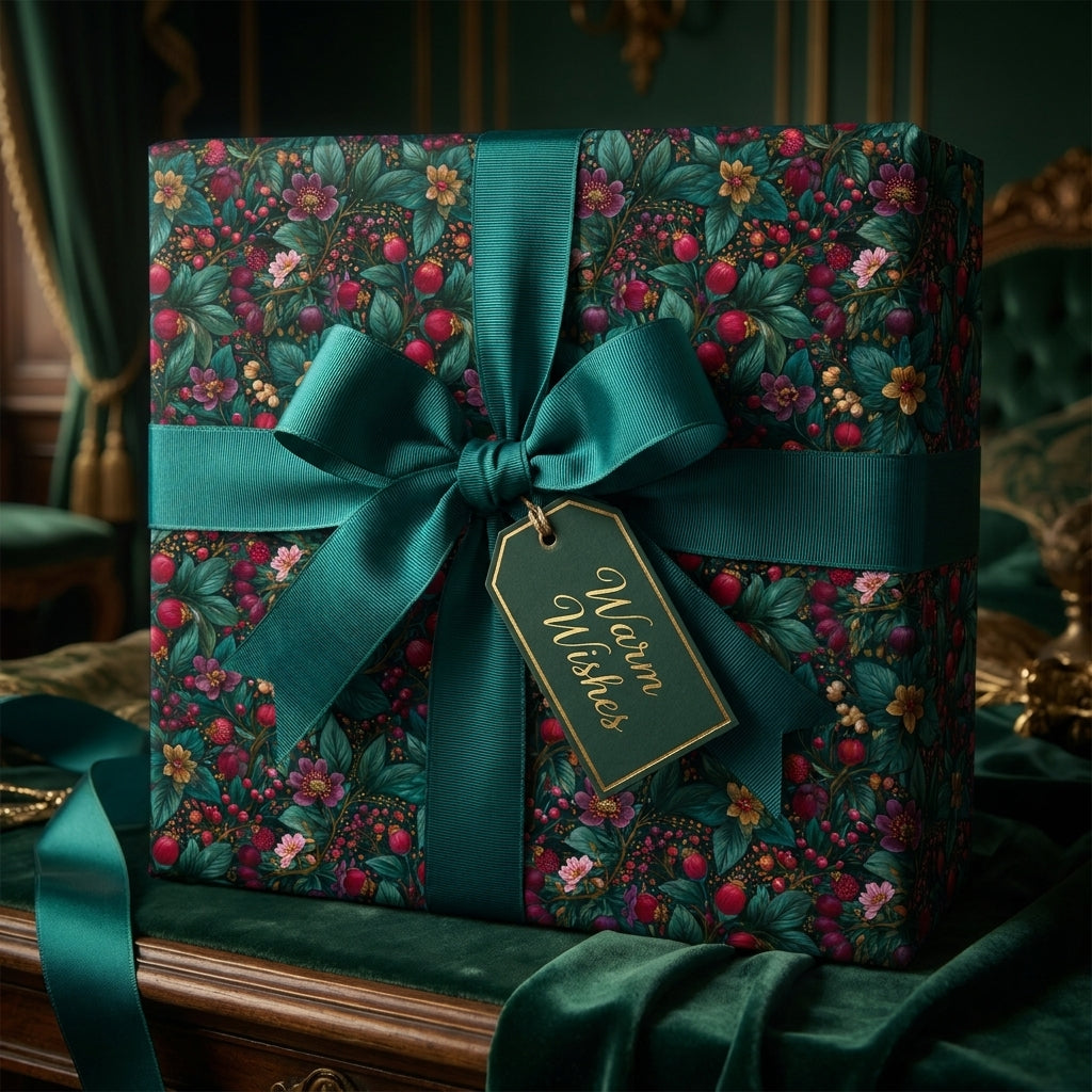 Luxury green floral Christmas wrapping paper with teal bow and gift tag by Wrapped Studios.