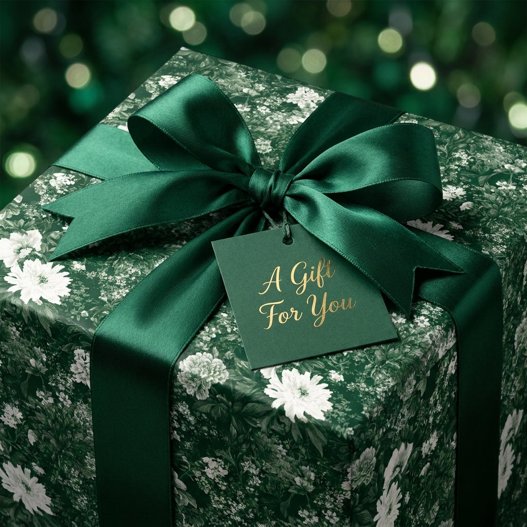 Luxury dark green Christmas floral wrapping paper with satin bow and gift tag, by Wrapped Studios.