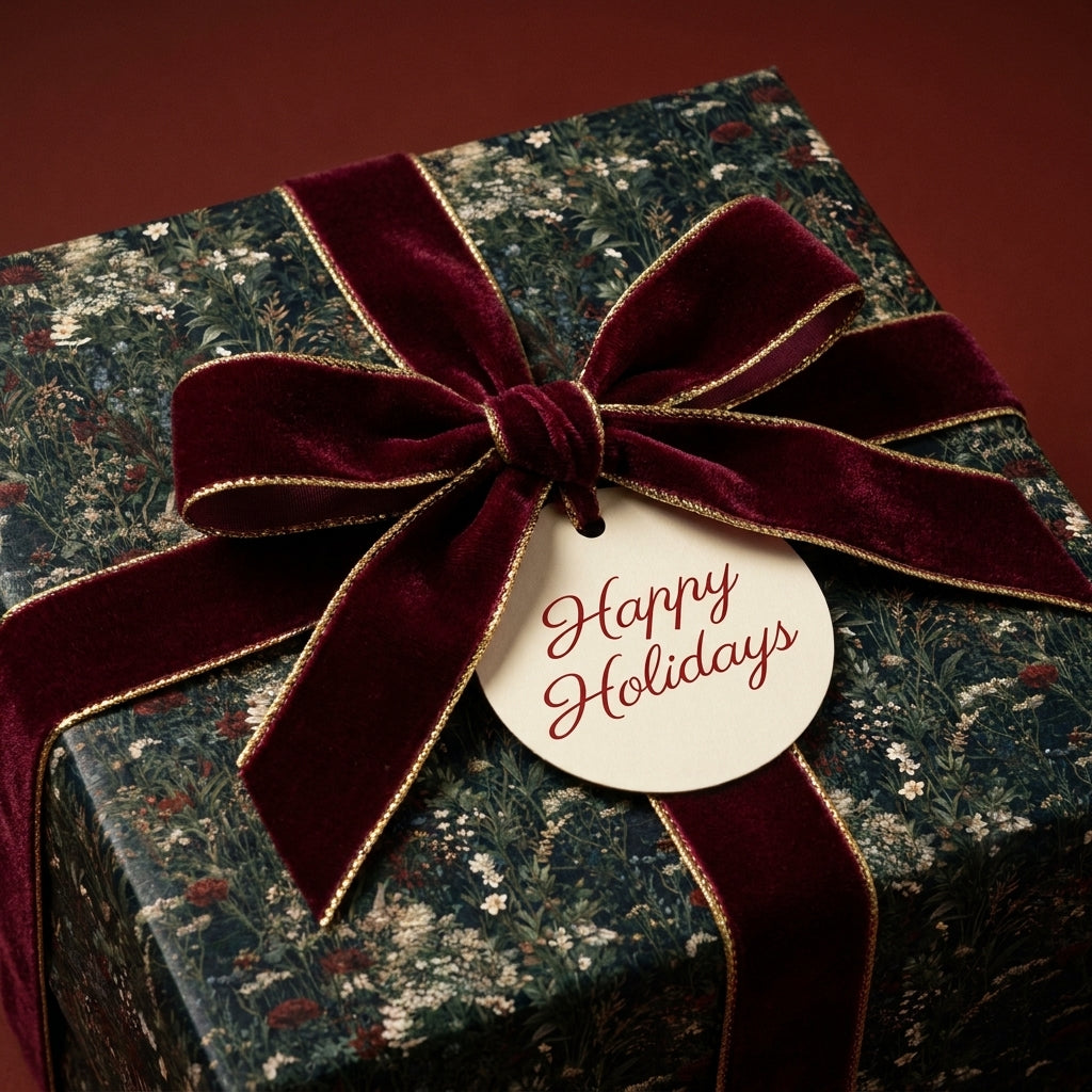 Luxury floral Christmas wrapping paper with a burgundy velvet ribbon and gift tag by Wrapped Studios.