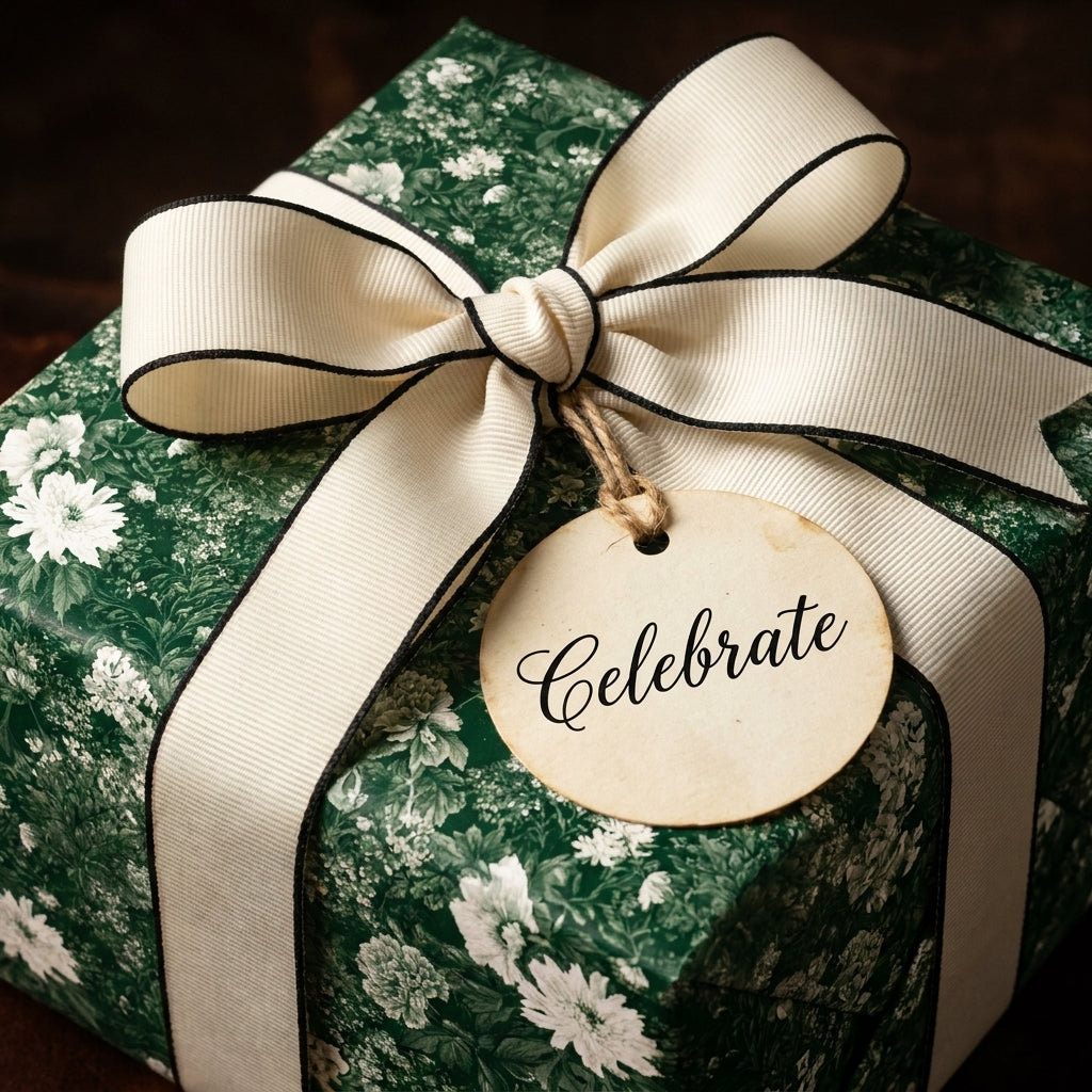Vintage green floral wrapping paper with cream bow and Celebrate tag by Wrapped Studios.