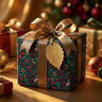 Elegant botanical Christmas wrapping paper with a gold ribbon bow by Wrapped Studios.