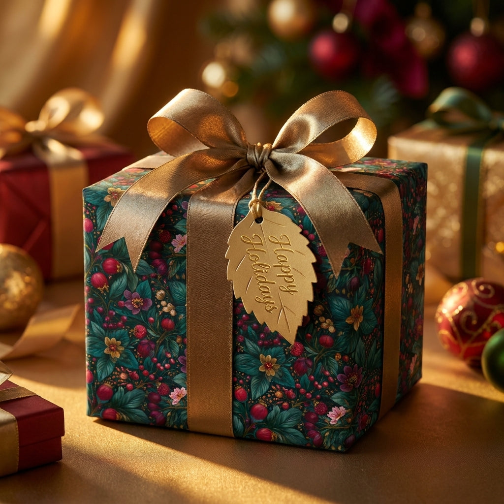 Elegant botanical Christmas wrapping paper with a gold ribbon bow by Wrapped Studios.